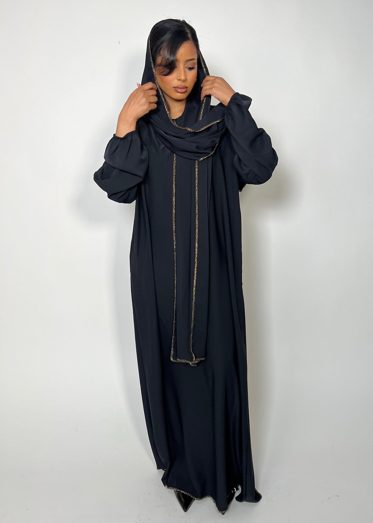 Silk Gold Seam Abaya With Integrated Hijab