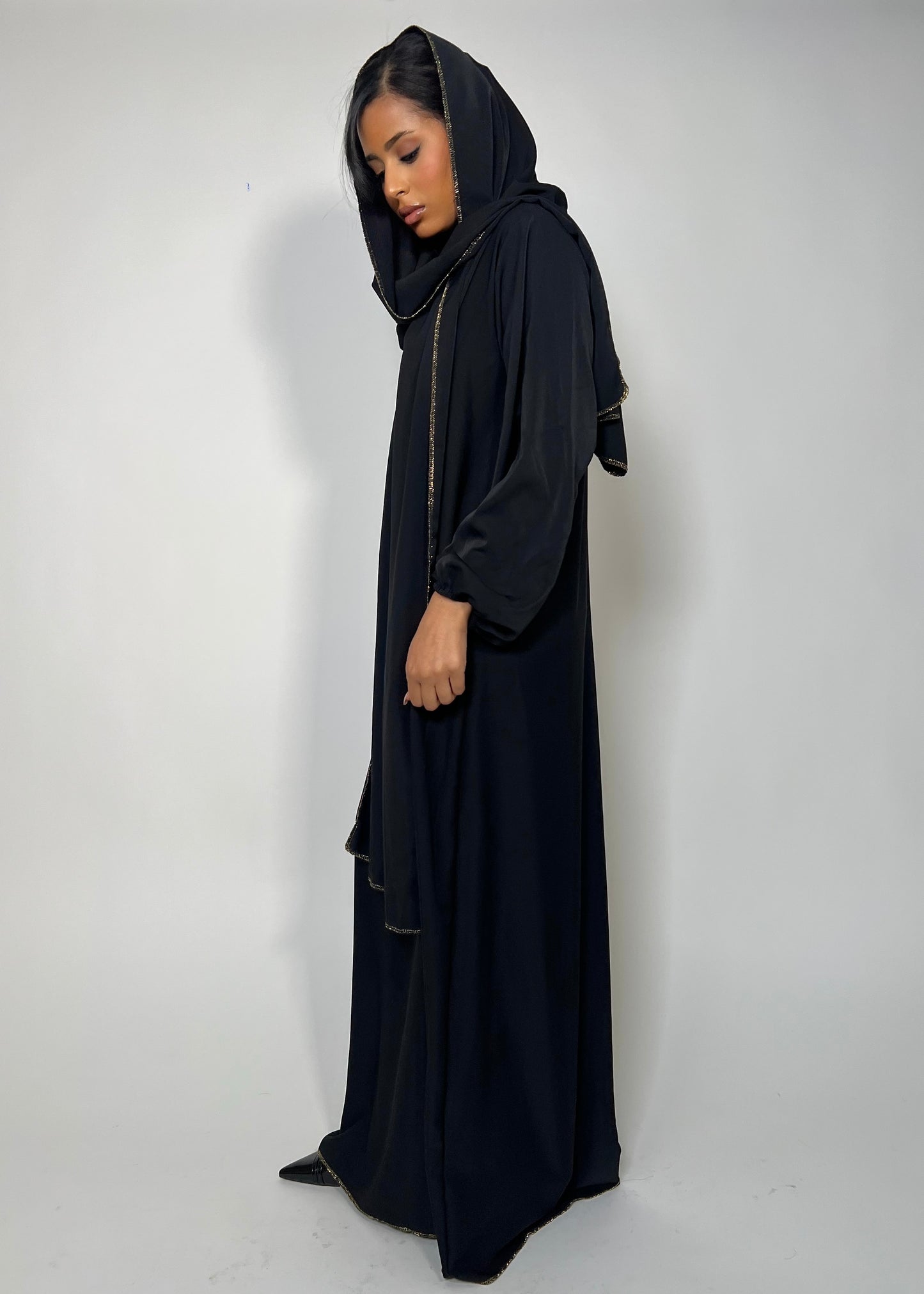 Silk Gold Seam Abaya With Integrated Hijab