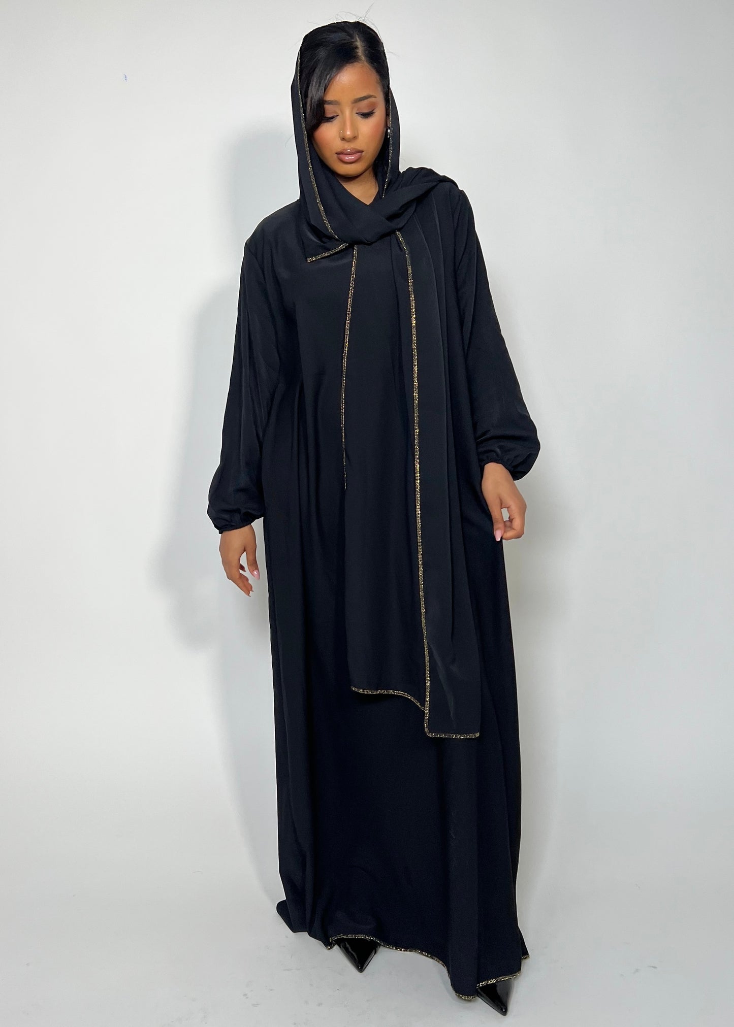 Silk Gold Seam Abaya With Integrated Hijab