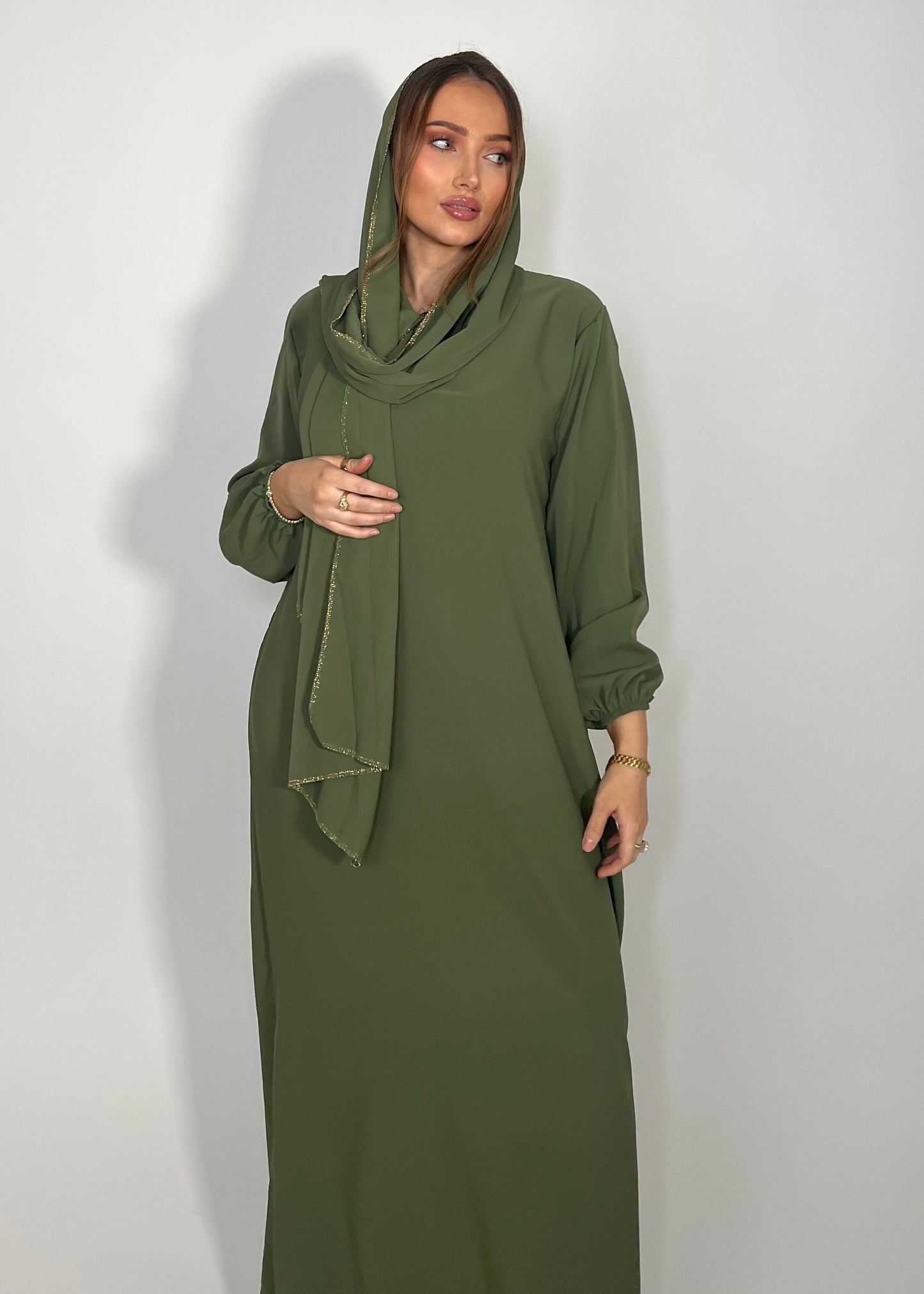 Silk Gold Seam Abaya With Integrated Hijab