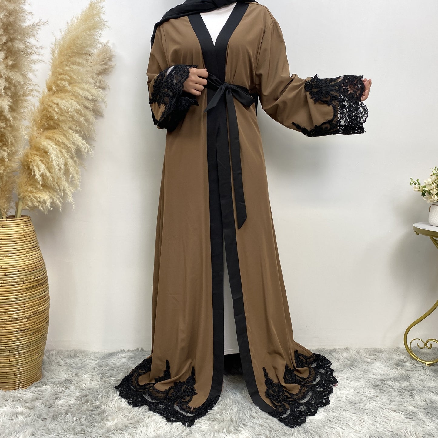 Sadaf Abaya: Women's Fashion Dark Brown Muslim Lace Open Abaya