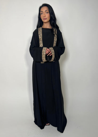 Luxury Silk Gold Sequin Detailing Two Piece Open Abaya