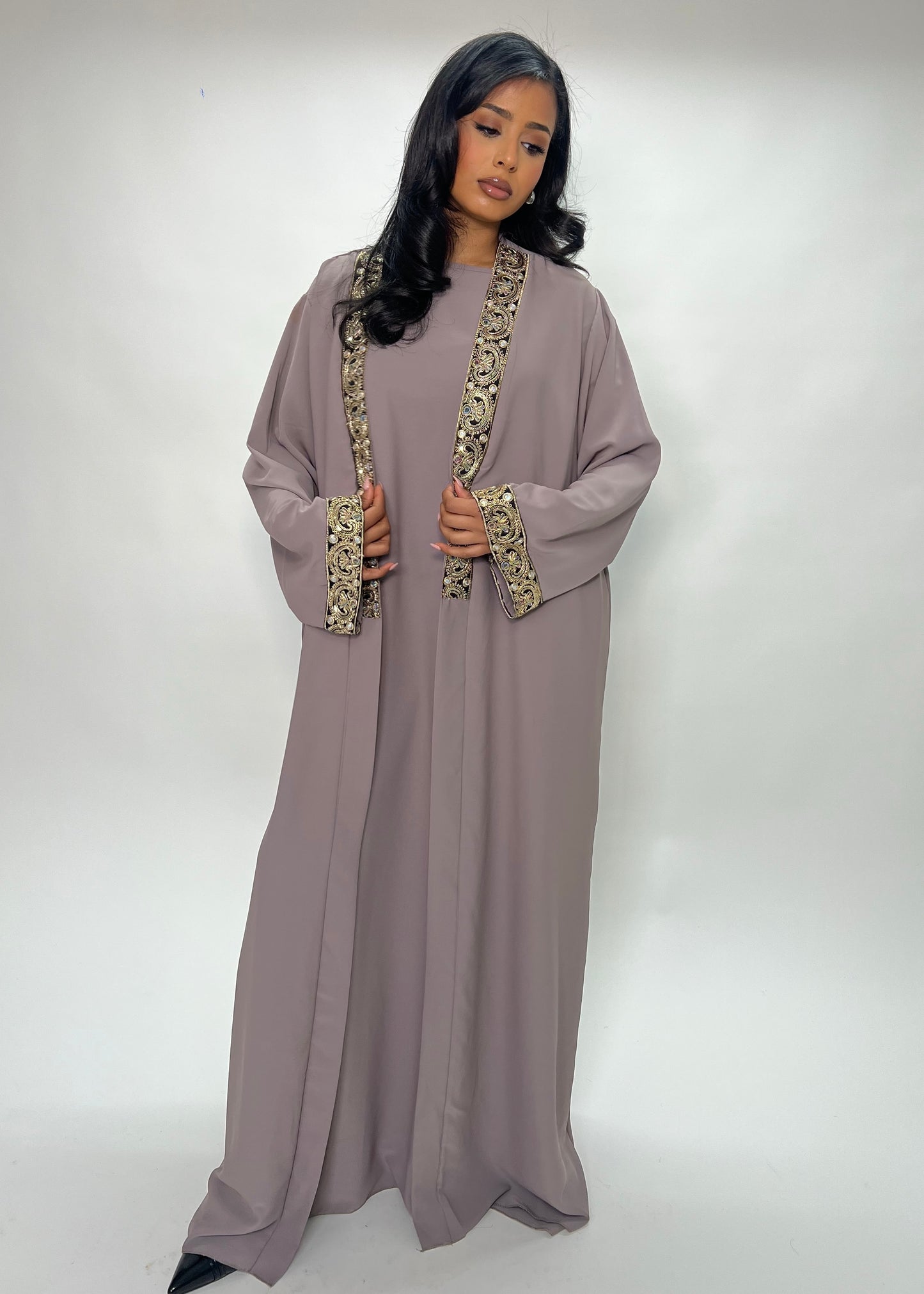 Luxury Silk Gold Sequin Detailing Two Piece Open Abaya