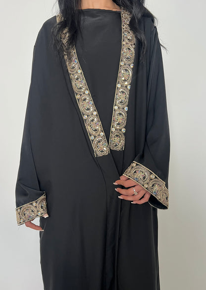 Luxury Silk Gold Sequin Detailing Two Piece Open Abaya