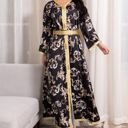 Daniya Abaya: Printed Long Belted Dress