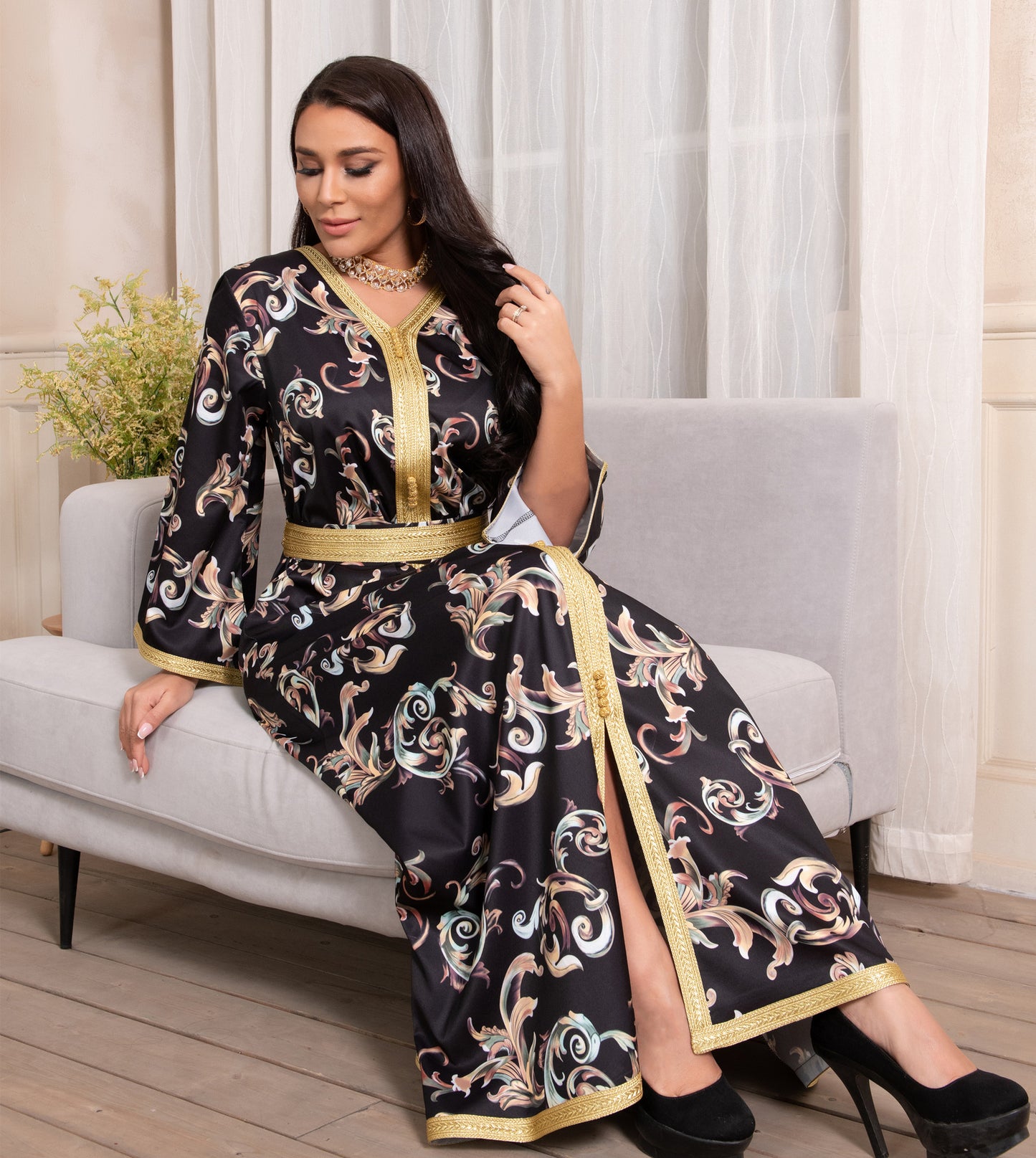 Daniya Abaya: Printed Long Belted Dress