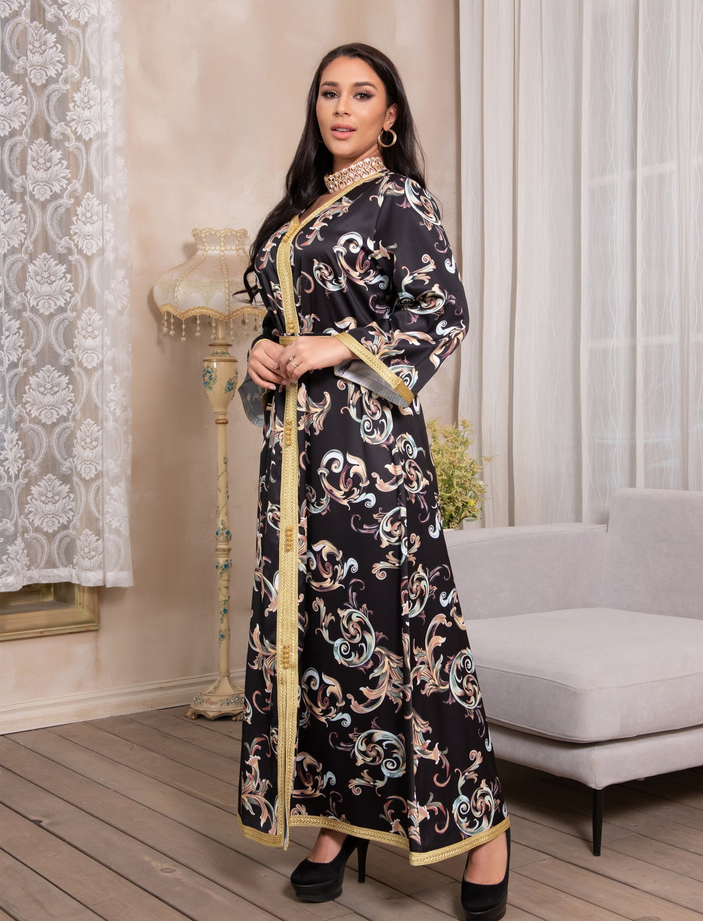 Daniya Abaya: Printed Long Belted Dress