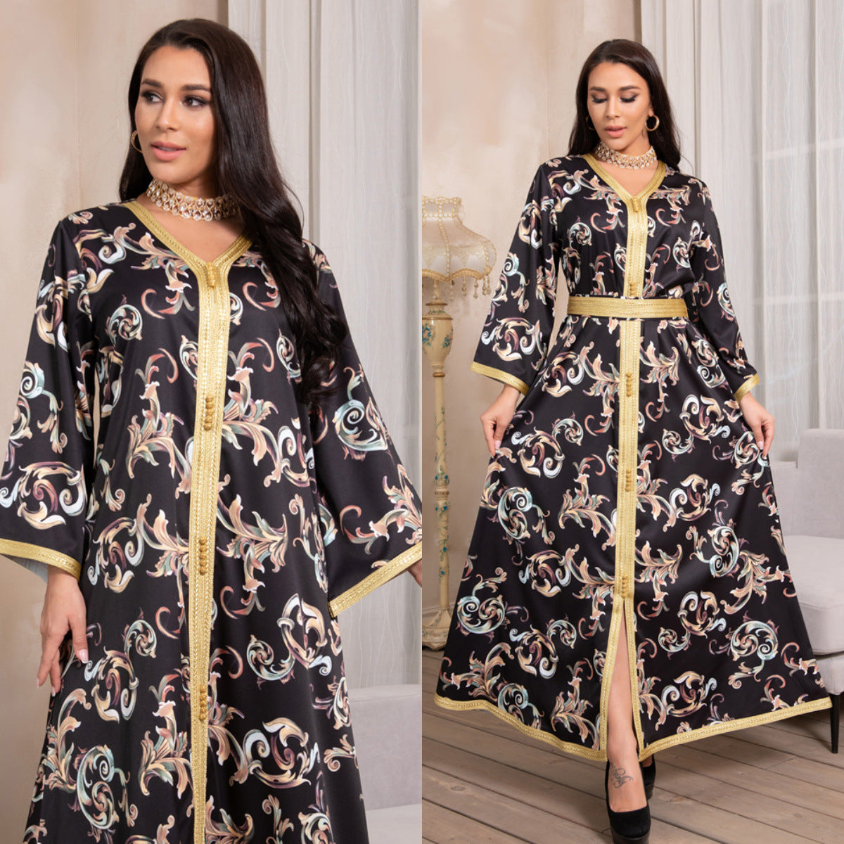 Daniya Abaya: Printed Long Belted Dress