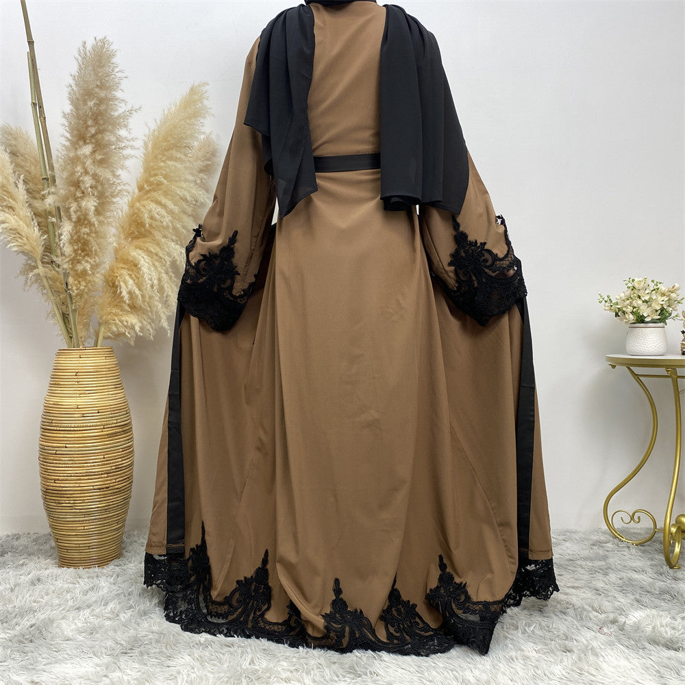 Sadaf Abaya: Women's Fashion Dark Brown Muslim Lace Open Abaya