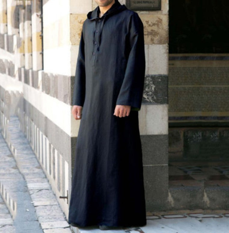 Arabic Style Simple Long Men's Hooded Shirt Thobe