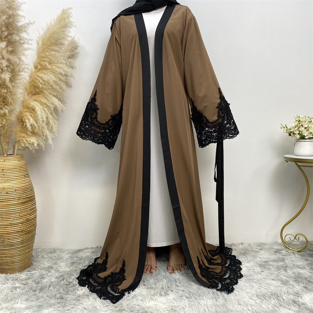 Sadaf Abaya: Women's Fashion Dark Brown Muslim Lace Open Abaya