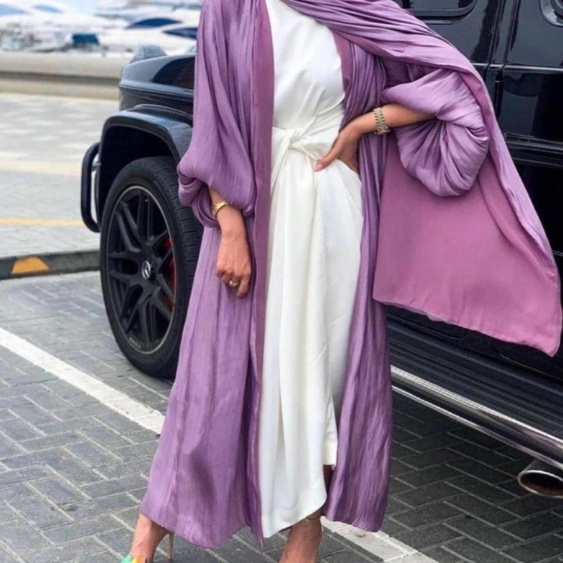 Samiyah Abaya: Shining Silklike Cardigan Puff Sleeve Abaya