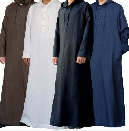 Arabic Style Simple Long Men's Hooded Shirt Thobe