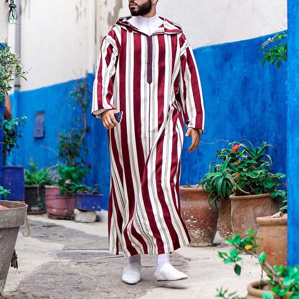 Men's Striped Long Morrocan Thobe with Hood