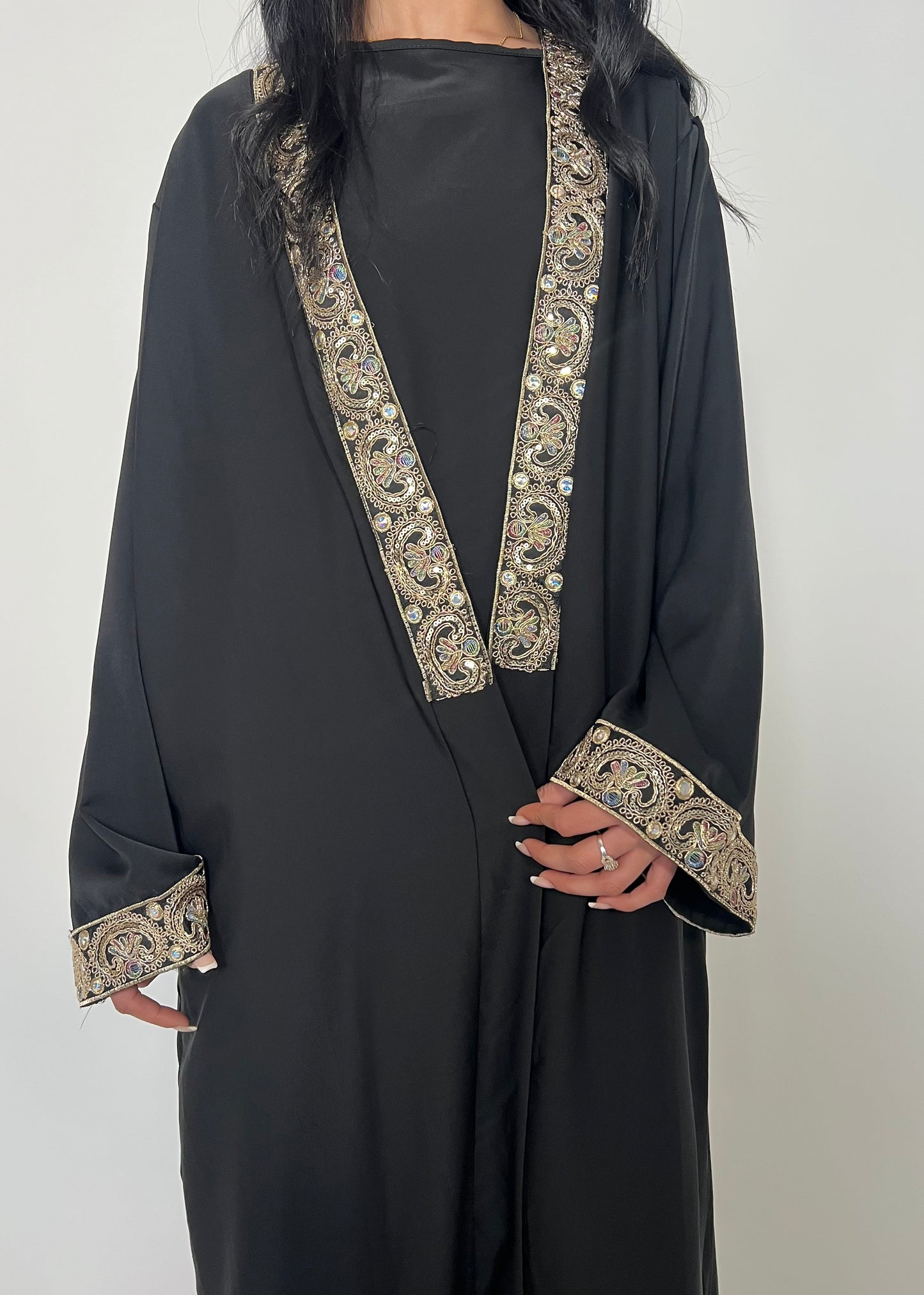 Luxury Silk Sequin Detailing Two Piece Open Abaya