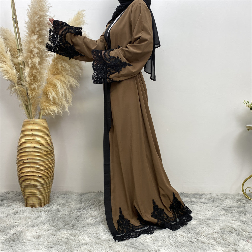 Sadaf Abaya: Women's Fashion Dark Brown Muslim Lace Open Abaya