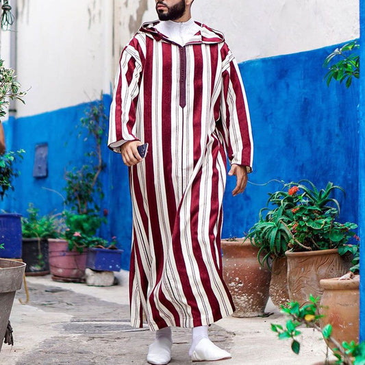 Men's Striped Long Morrocan Thobe with Hood