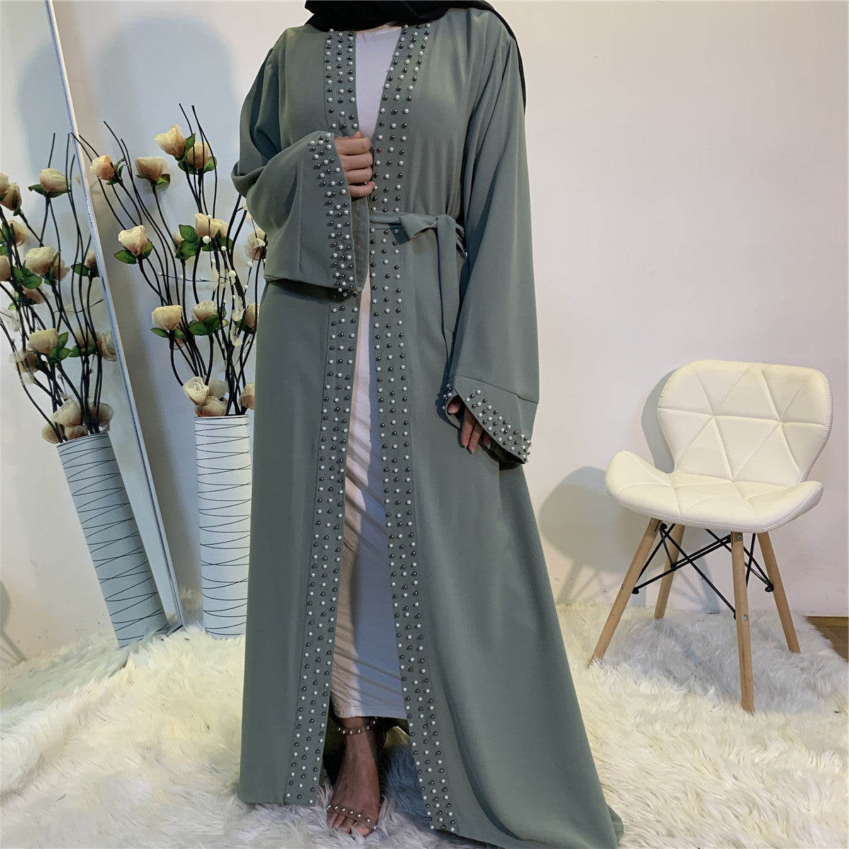 Nisrin Abaya: Beaded Muslim Lace Up Cardigan Robe