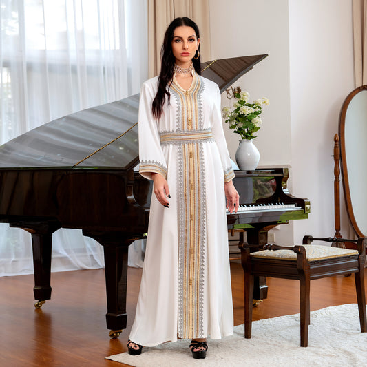 Niyyah Abaya: Women's White & Gold Party Evening Dress