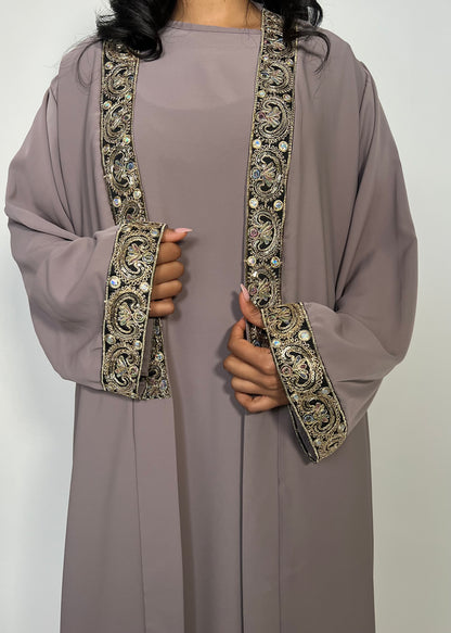 Luxury Silk Gold Sequin Detailing Two Piece Open Abaya