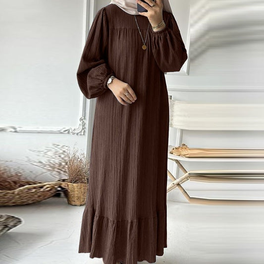 Ruffled Hemmed Modest Puffed Sleeve Dress