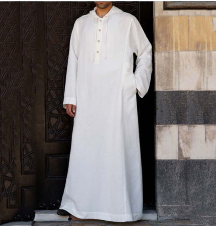 Arabic Style Simple Long Men's Hooded Shirt Thobe