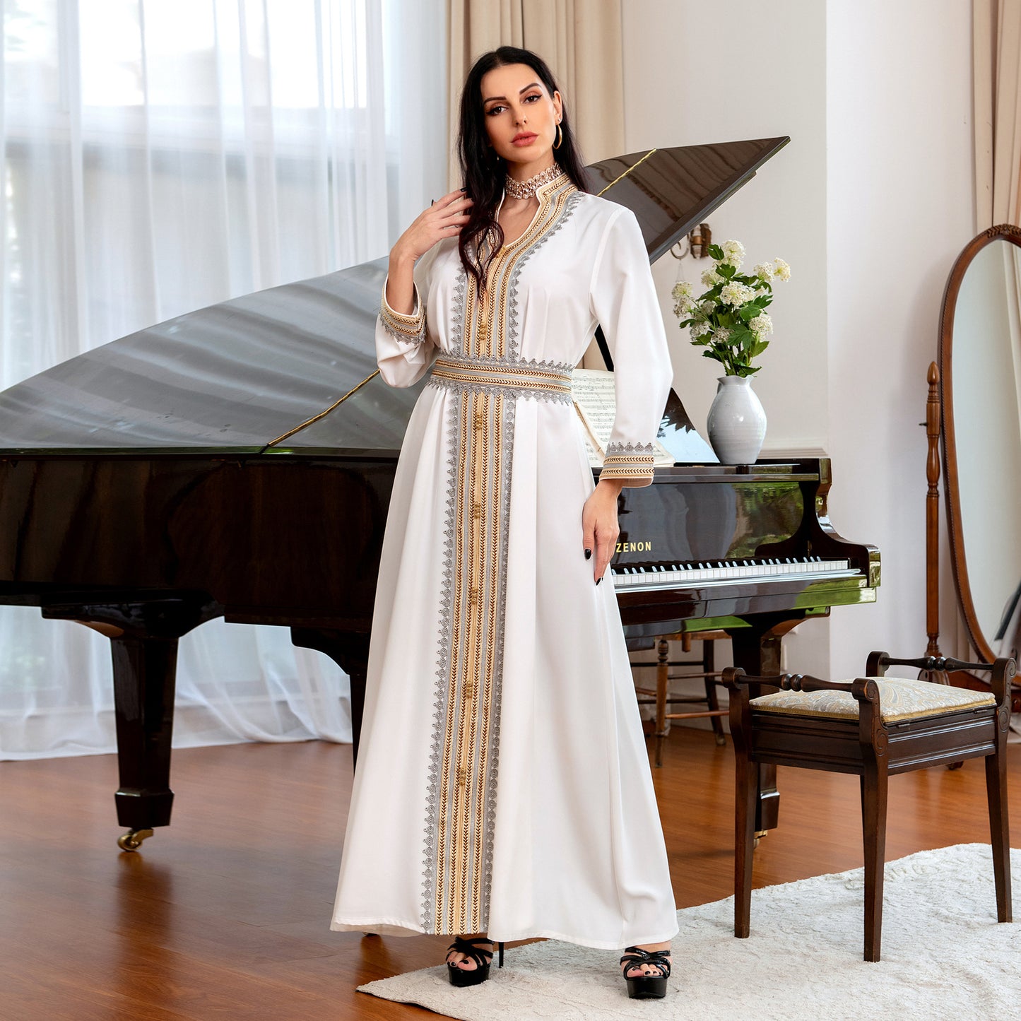 Niyyah Abaya: Women's White & Gold Party Evening Dress