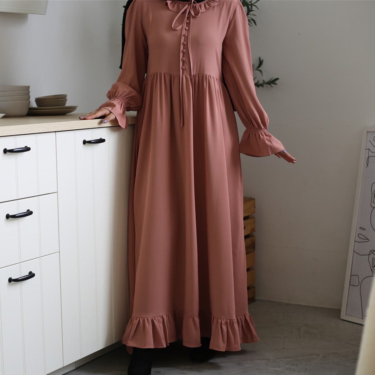 Nara Abaya: Solid Colour Stitching Elegant Muslim Dress