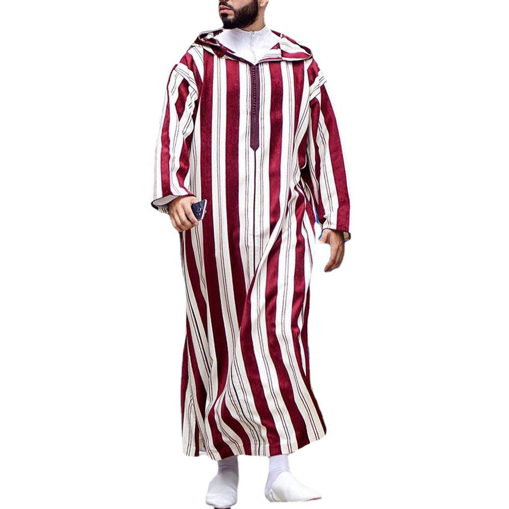 Men's Striped Long Morrocan Thobe with Hood