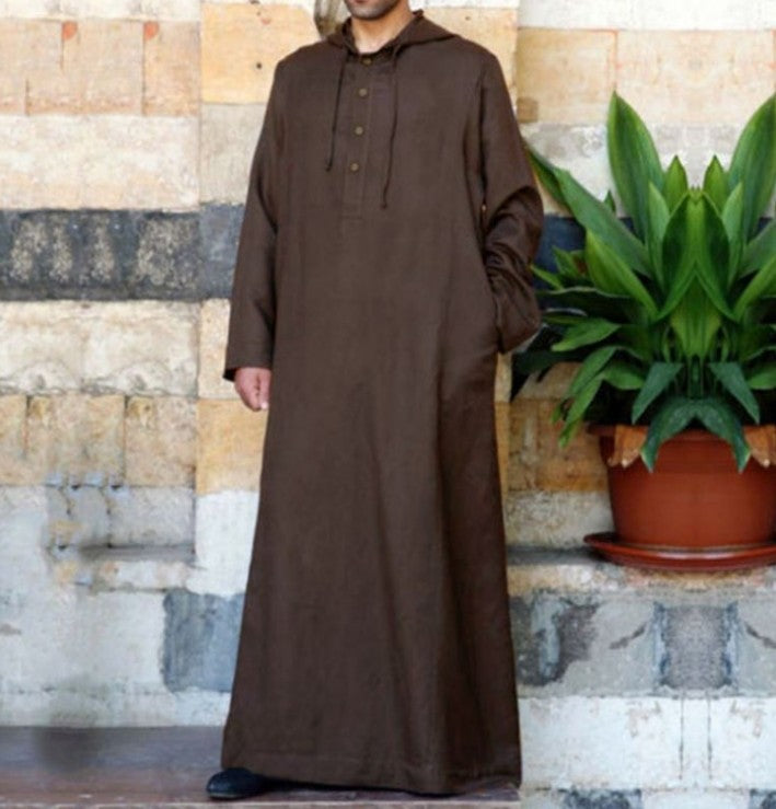 Arabic Style Simple Long Men's Hooded Shirt Thobe