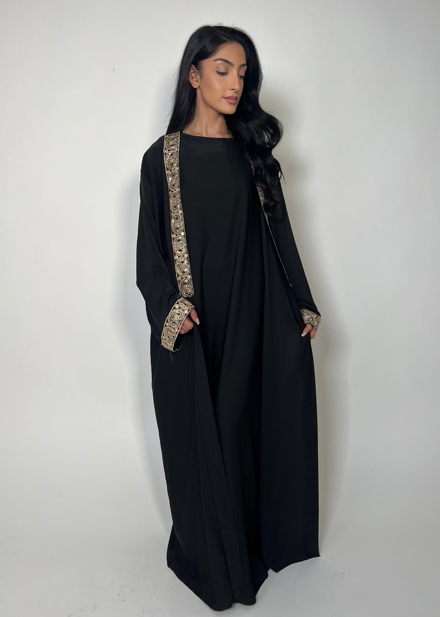 Luxury Silk Gold Sequin Detailing Two Piece Open Abaya