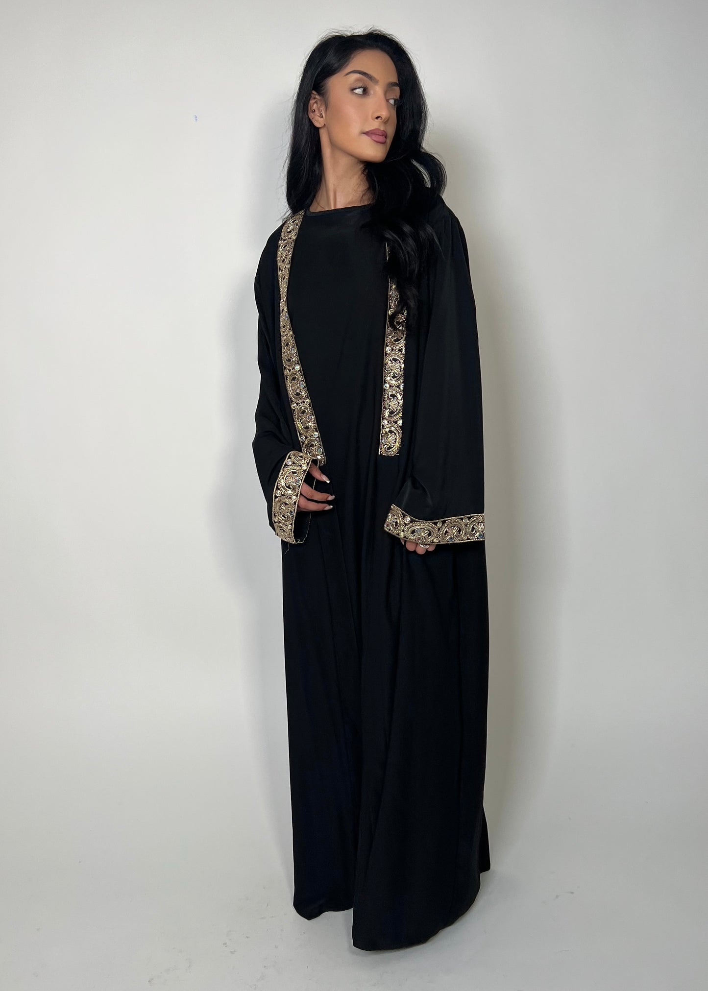 Luxury Silk Gold Sequin Detailing Two Piece Open Abaya