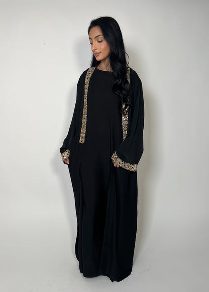 Luxury Silk Sequin Detailing Two Piece Open Abaya