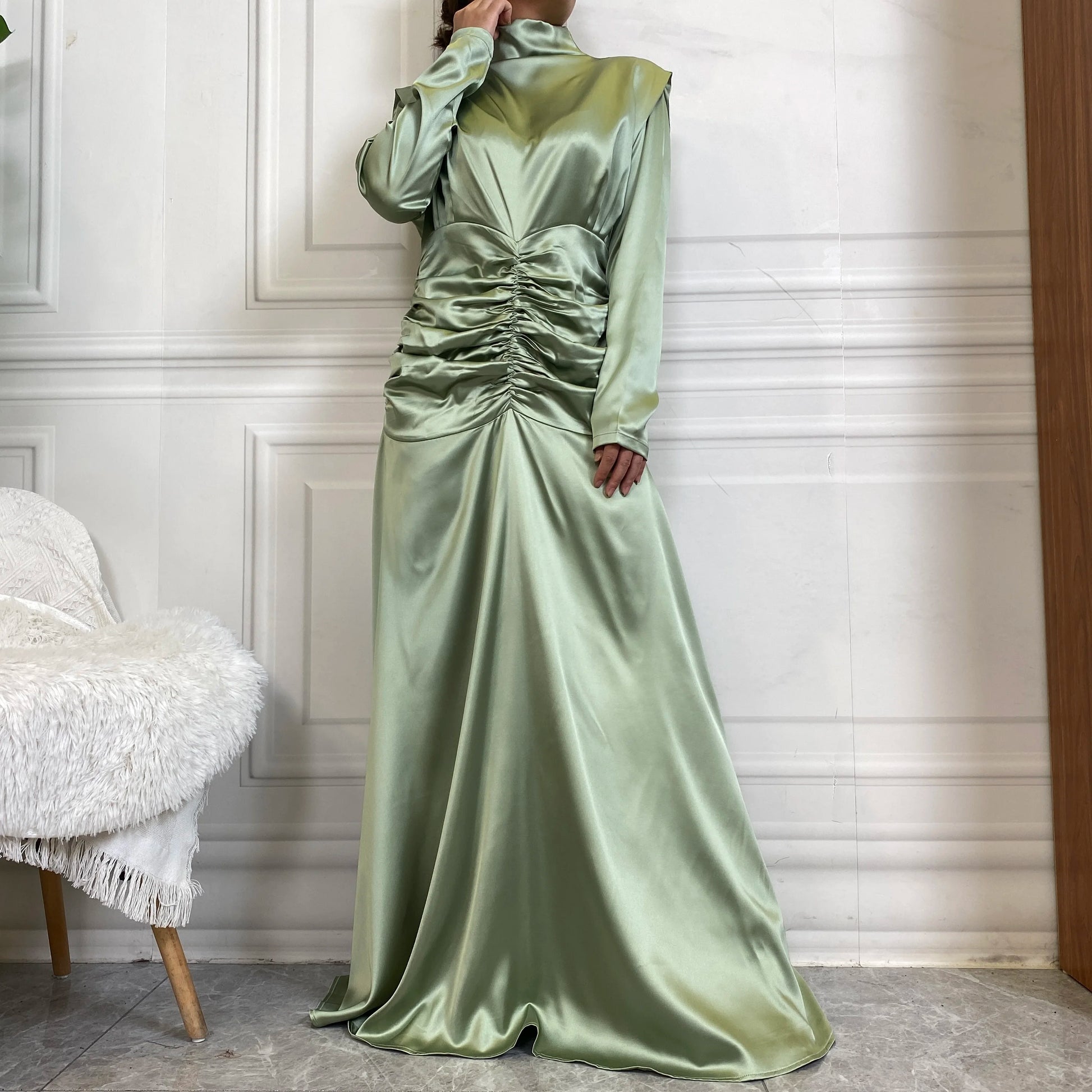 October new fashion satin long dress advanced pleated waist style slim sleeve women party maxi dresses-10