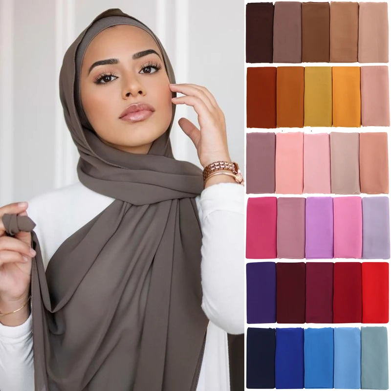 Plain Color Chiffon Scarf Hijab Headband Female Islamic 61 Head Cover Wrap for Women Muslim Jersey Hijabs Hair Scarves Headscarf-0