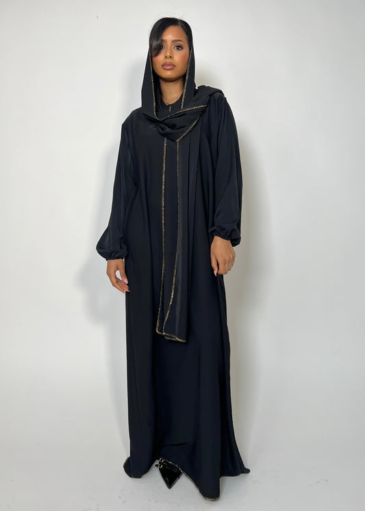 Silk Gold Seam Abaya With Integrated Hijab