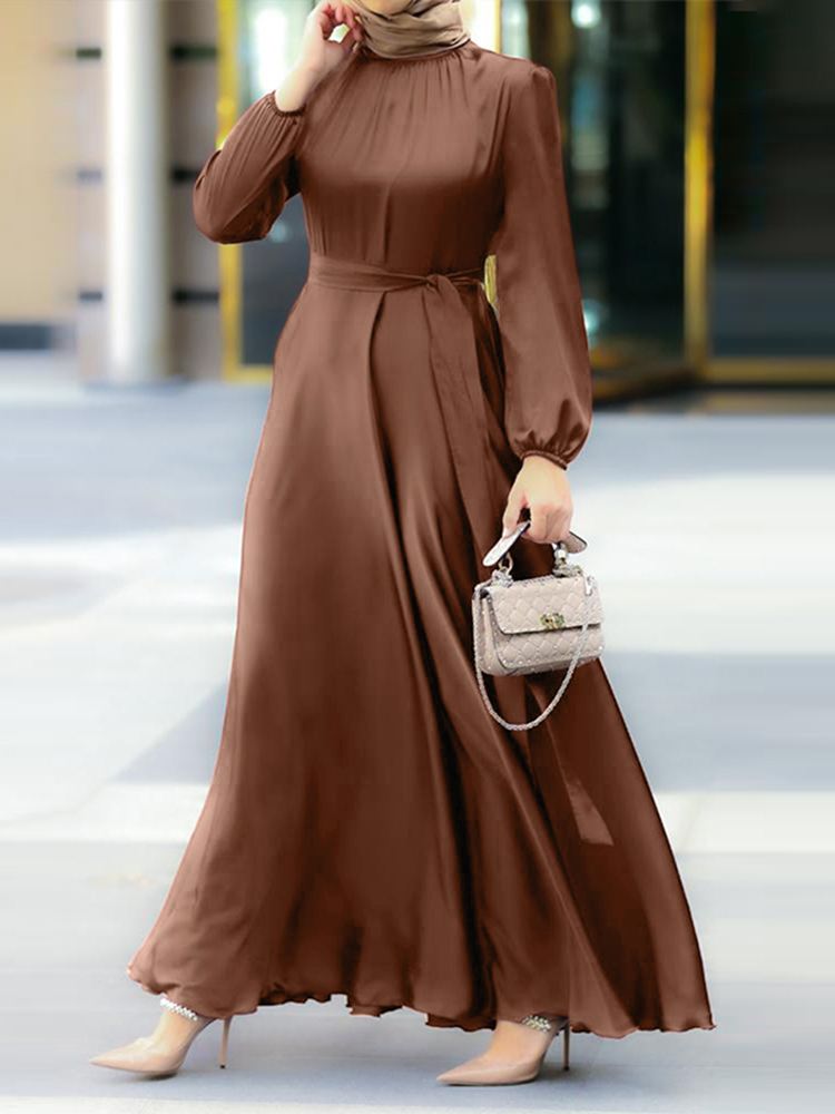 Hana Dress: Women's Solid Satin Maxi Elegant Puff Sleeve Robe Dress