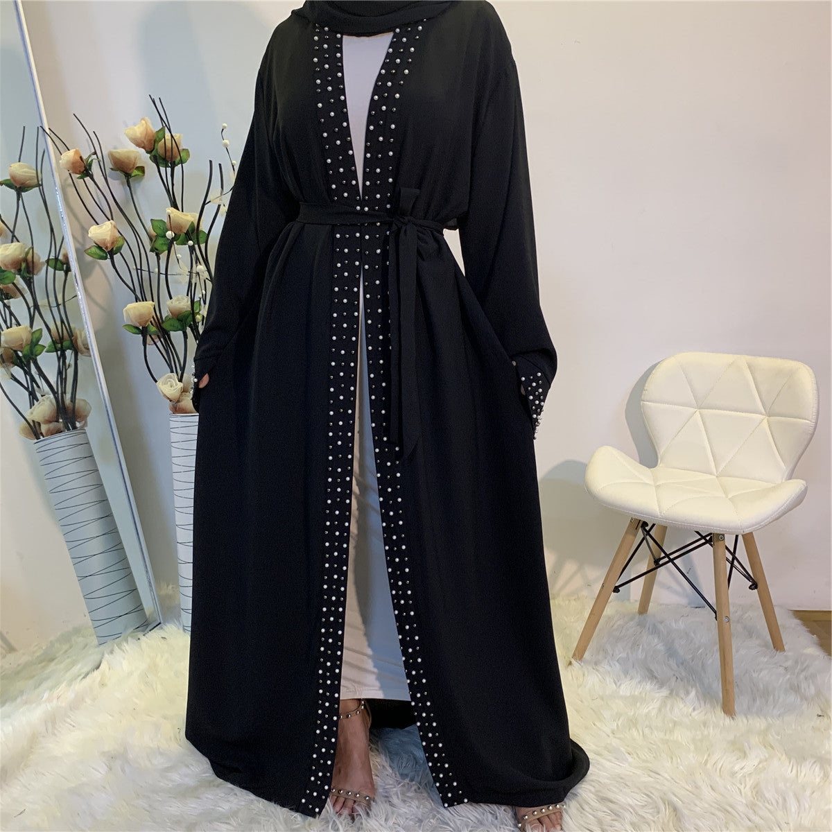 Nisrin Abaya: Beaded Muslim Lace Up Cardigan Robe