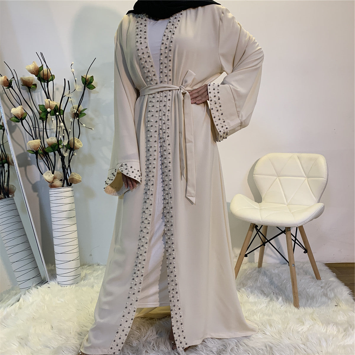 Nisrin Abaya: Beaded Muslim Lace Up Cardigan Robe