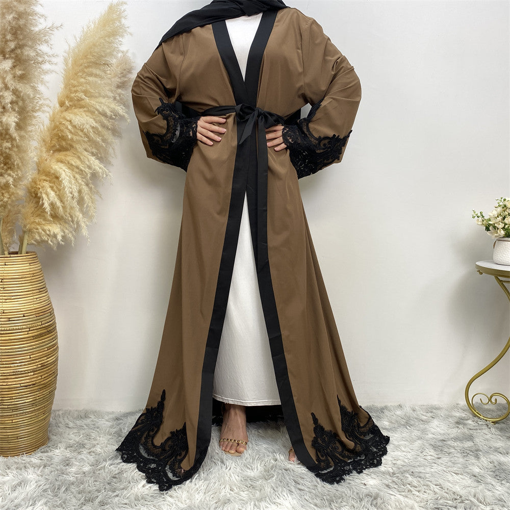 Sadaf Abaya: Women's Fashion Dark Brown Muslim Lace Open Abaya