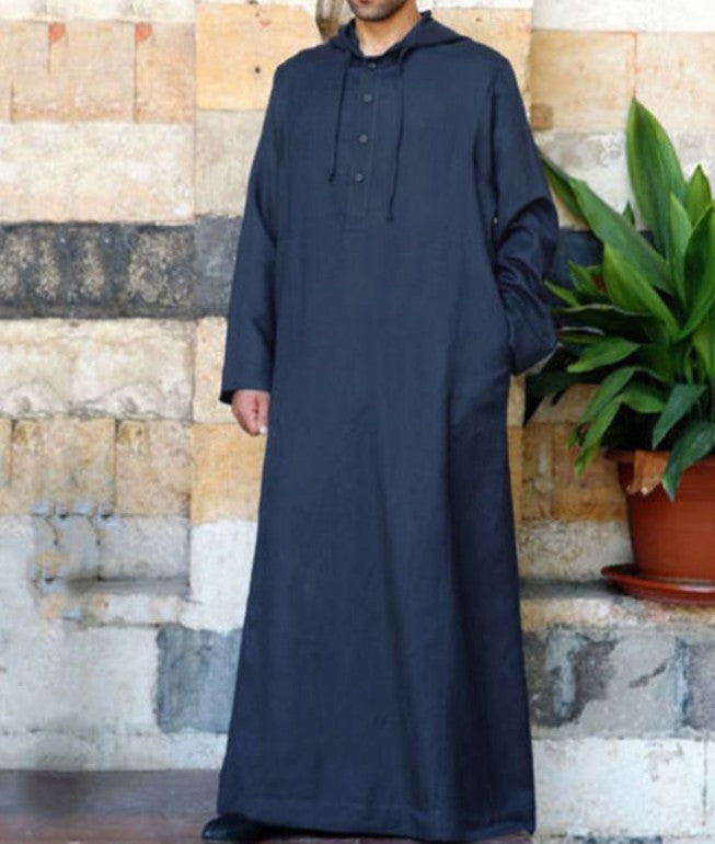 Arabic Style Simple Long Men's Hooded Shirt Thobe