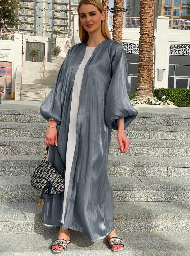 Samiyah Abaya: Shining Silklike Cardigan Puff Sleeve Abaya