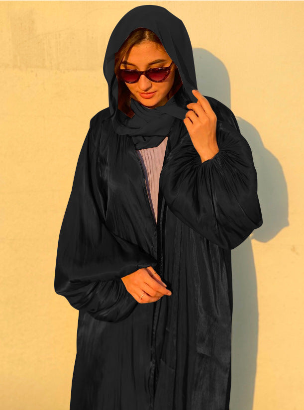 Samiyah Abaya: Shining Silklike Cardigan Puff Sleeve Abaya