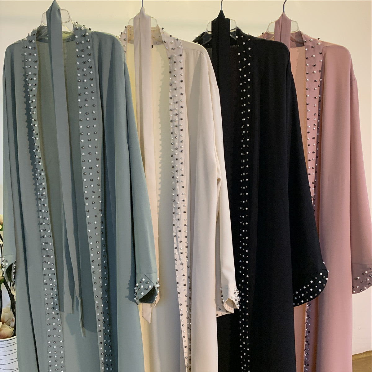 Nisrin Abaya: Beaded Muslim Lace Up Cardigan Robe