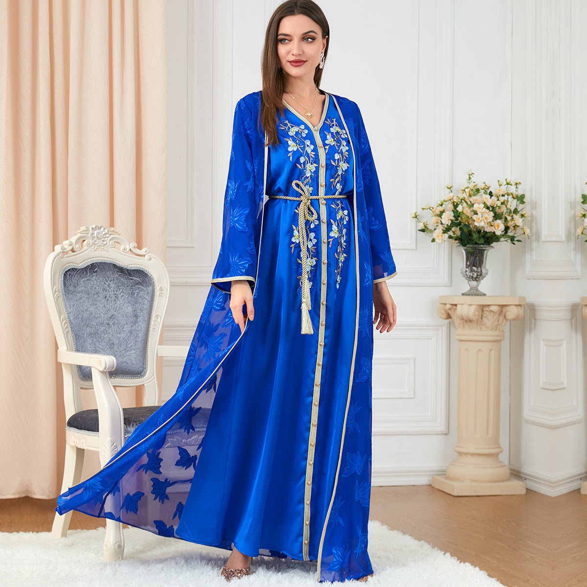 Amani Abaya: Elegant Royal Blue Two Piece Open Abaya and Under Dress