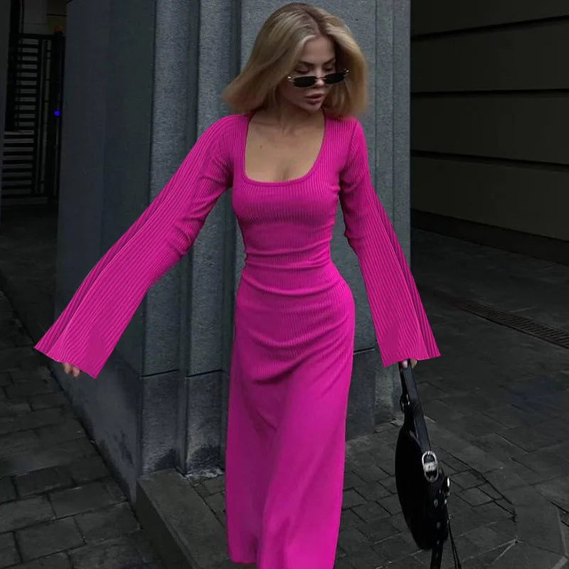 Solid Ribbed Trumpet Sleeves Maxi Dress Back Lace-Up Straps Elegant Casual 2023 Autumn Winter For Women Birthday-11