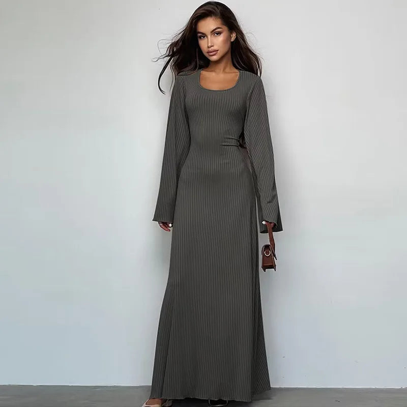 Solid Ribbed Trumpet Sleeves Maxi Dress Back Lace-Up Straps Elegant Casual 2023 Autumn Winter For Women Birthday-8