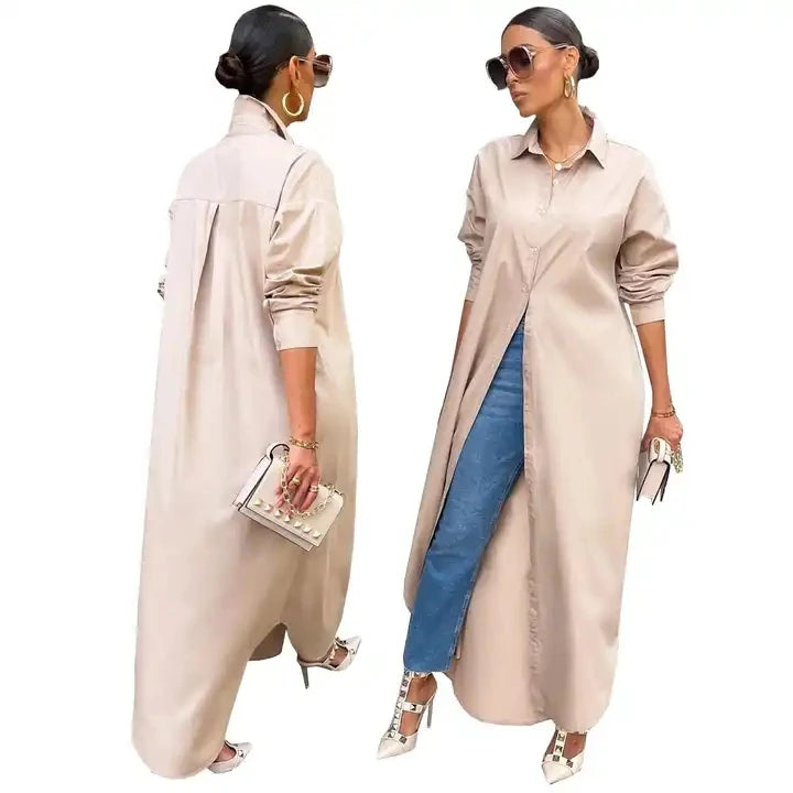 S-2XL Elegant Young Casual Fashion Full Sleeve Women's Straight Sleeve Dress New Luxury Designer Solid Chiffon Shirt Long Dress-3