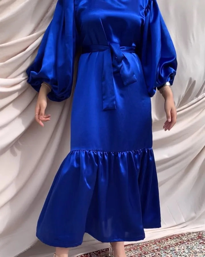 Wholesale Middle East Abaya Ruffles Hem O Neck Abaya Islamic Clothing Women Puff Sleeve Satin Maxi Dress For Muslim-8