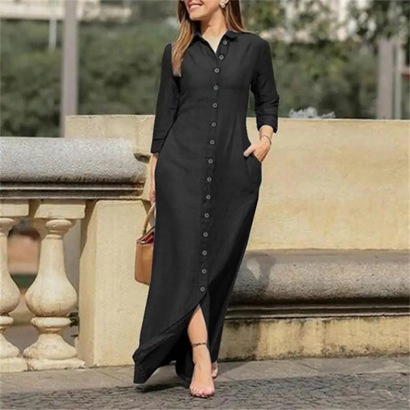 Fall vintage plus size womens casual shirt jean dresses ladies elegant long sleeve maxi denim dress-8